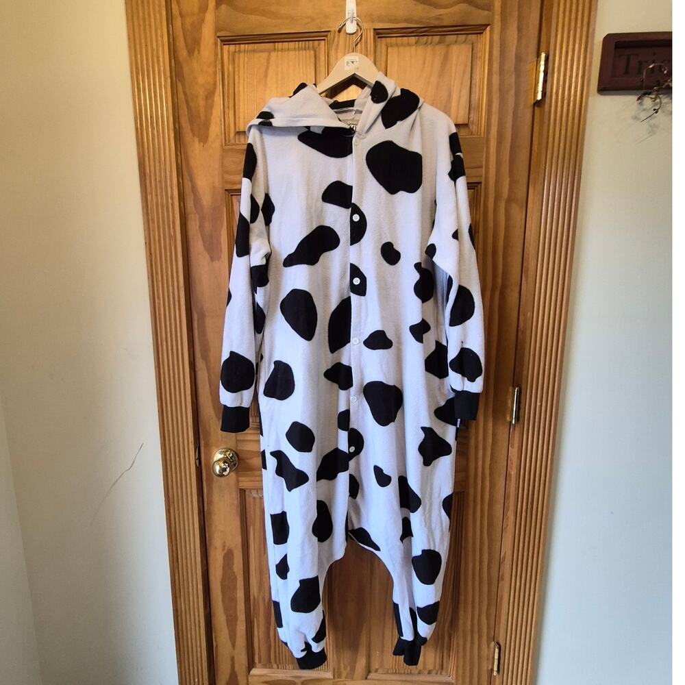 Funziez Halloween Costume cozy cow onesie playful black-white spotted adult MED